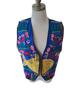 Embroidered Fish Vest - Bright Blue with Yellow & Pink Vintage Daily Planet M